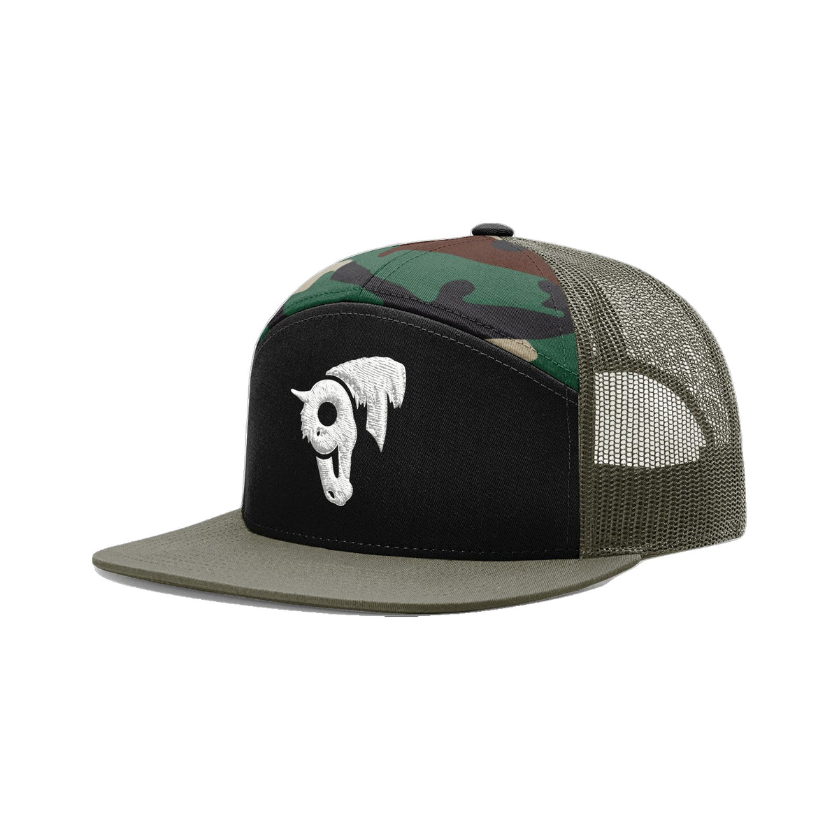 9T Horse Richardson 168 Hat / Black/Green Camo/Loden / White / angle on white