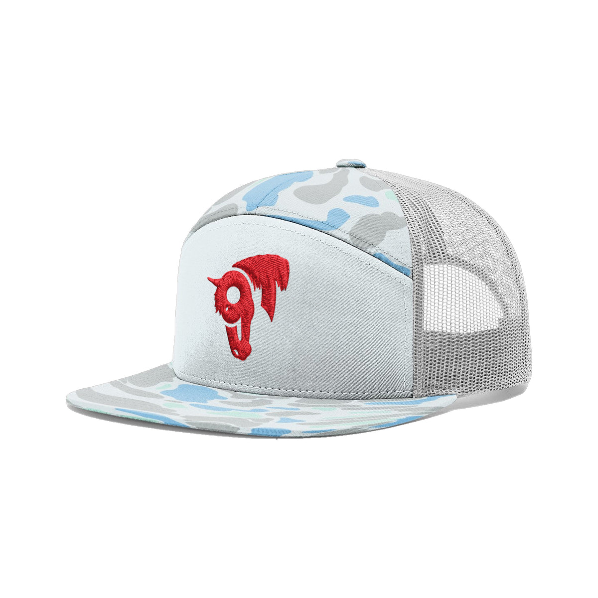 9T Horse Richardson 168 Hat / Blue Duck Camo / Red / angle on white