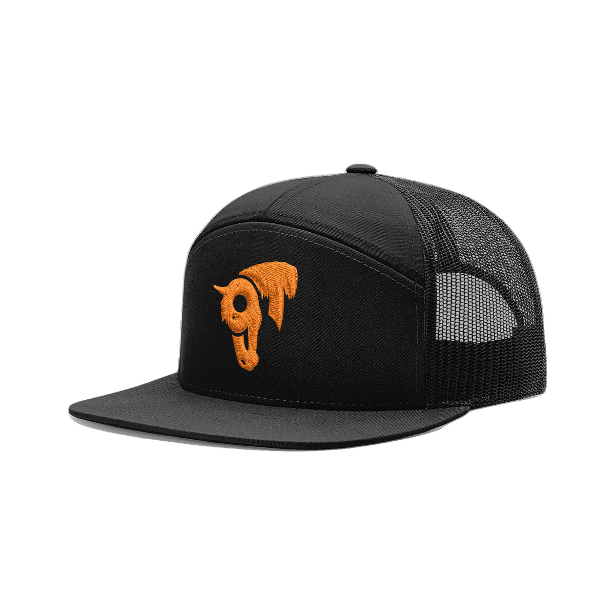 9T Horse Richardson 168 Hat / Black / Orange / angle on white