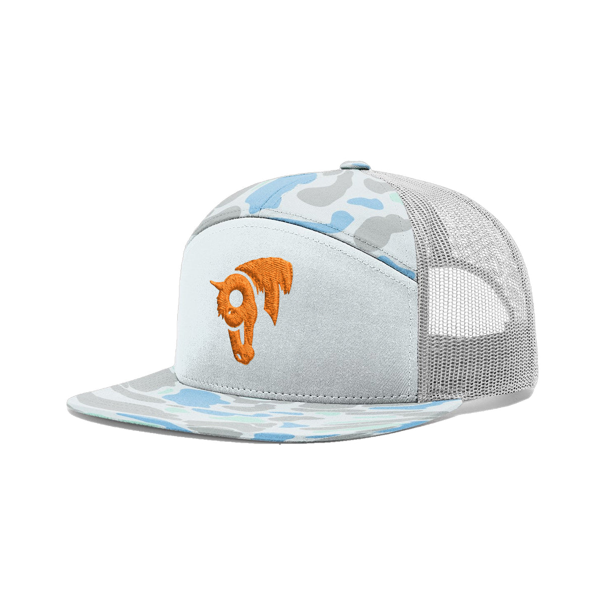 9T Horse Richardson 168 Hat / Blue Duck Camo / Orange / angle on white
