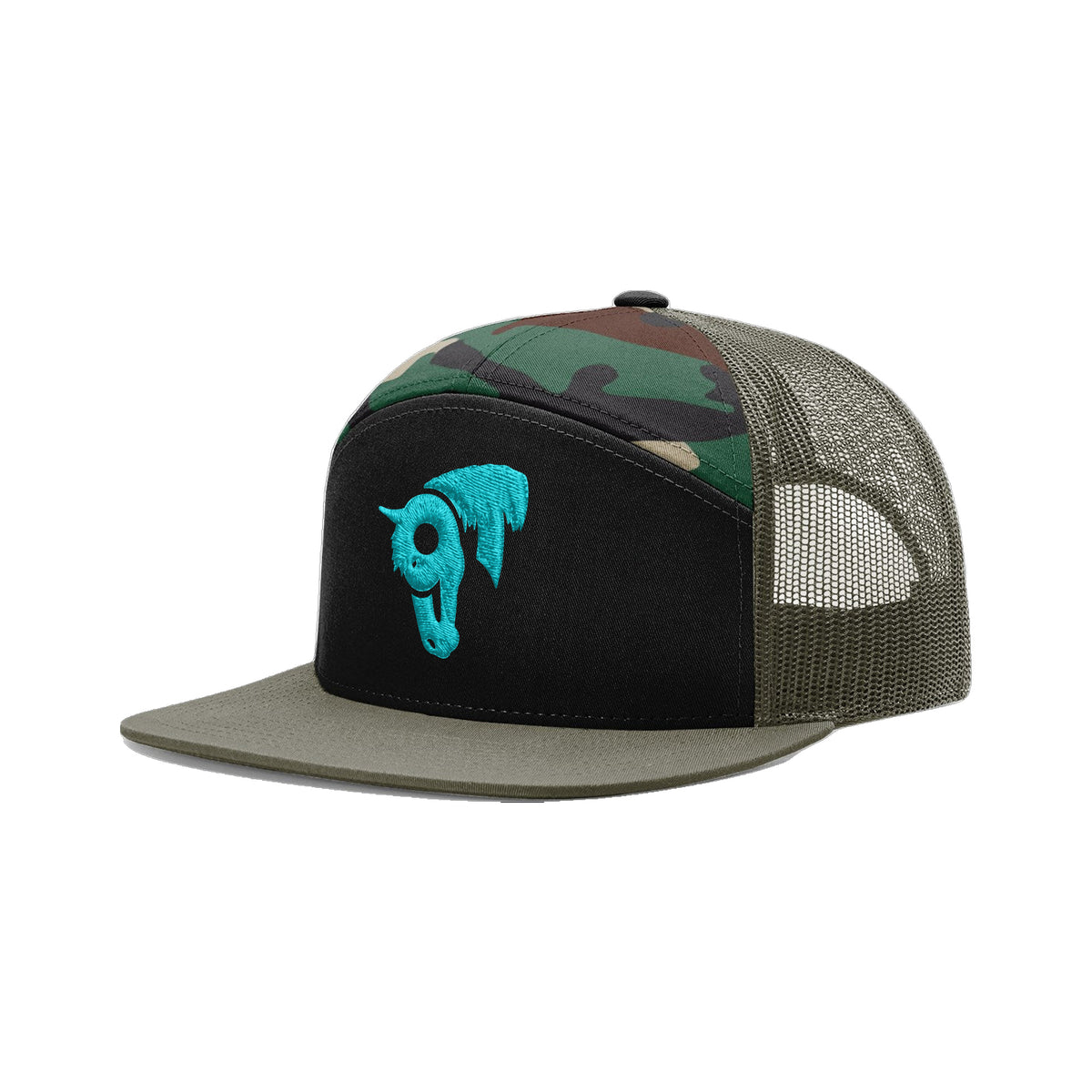 9T Horse Richardson 168 Hat / Black/Green Camo/Loden / Teal / angle on white