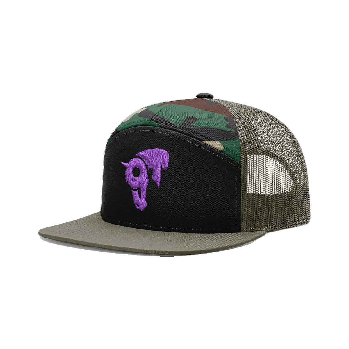 9T Horse Richardson 168 Hat / Black/Green Camo/Loden / Purple / angle on white