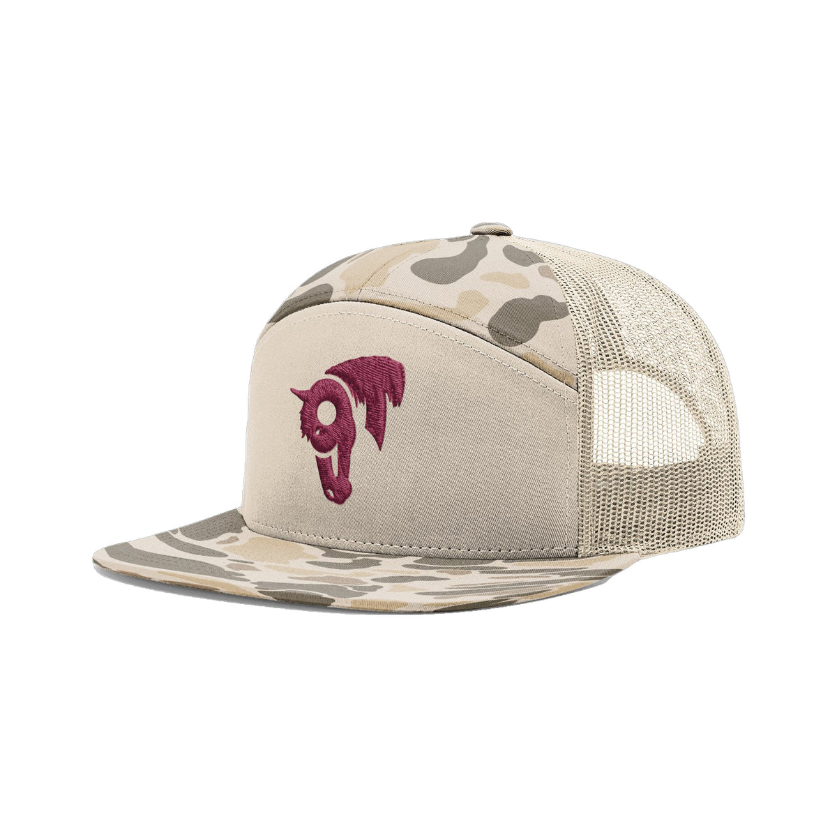9T Horse Richardson 168 Hat / Brown Duck Camo / Maroon / angle on white