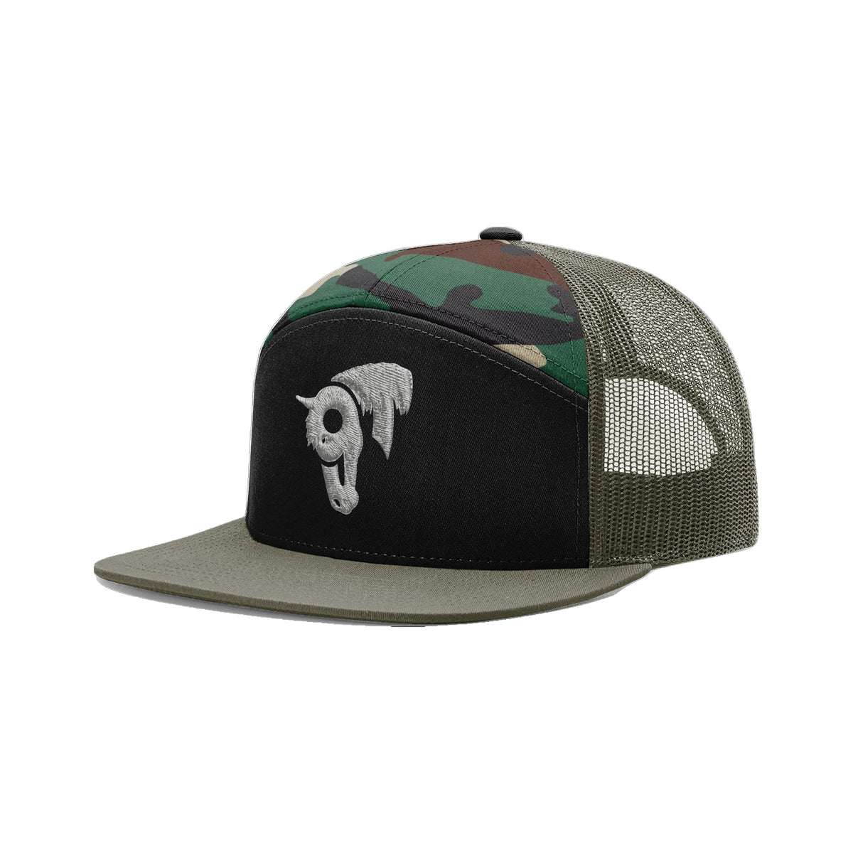9T Horse Richardson 168 Hat / Black/Green Camo/Loden / Grey / angle on white