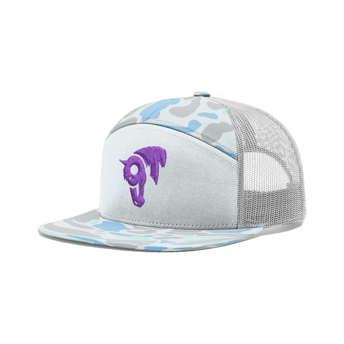 9T Horse Richardson 168 Hat / Blue Duck Camo / Purple / angle on white