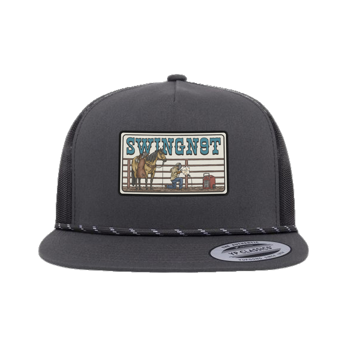 Welder Patch Yupoong 6006BD Rope Hat / Charcoal/Black / angle on white