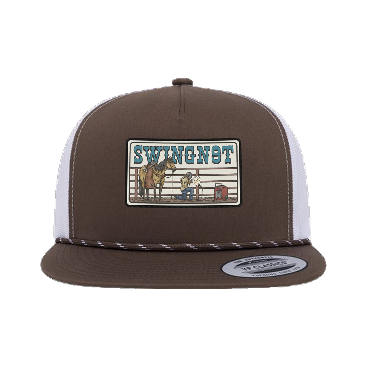 Welder Patch Yupoong 6006BD Rope Hat / Brown/White / angle on white