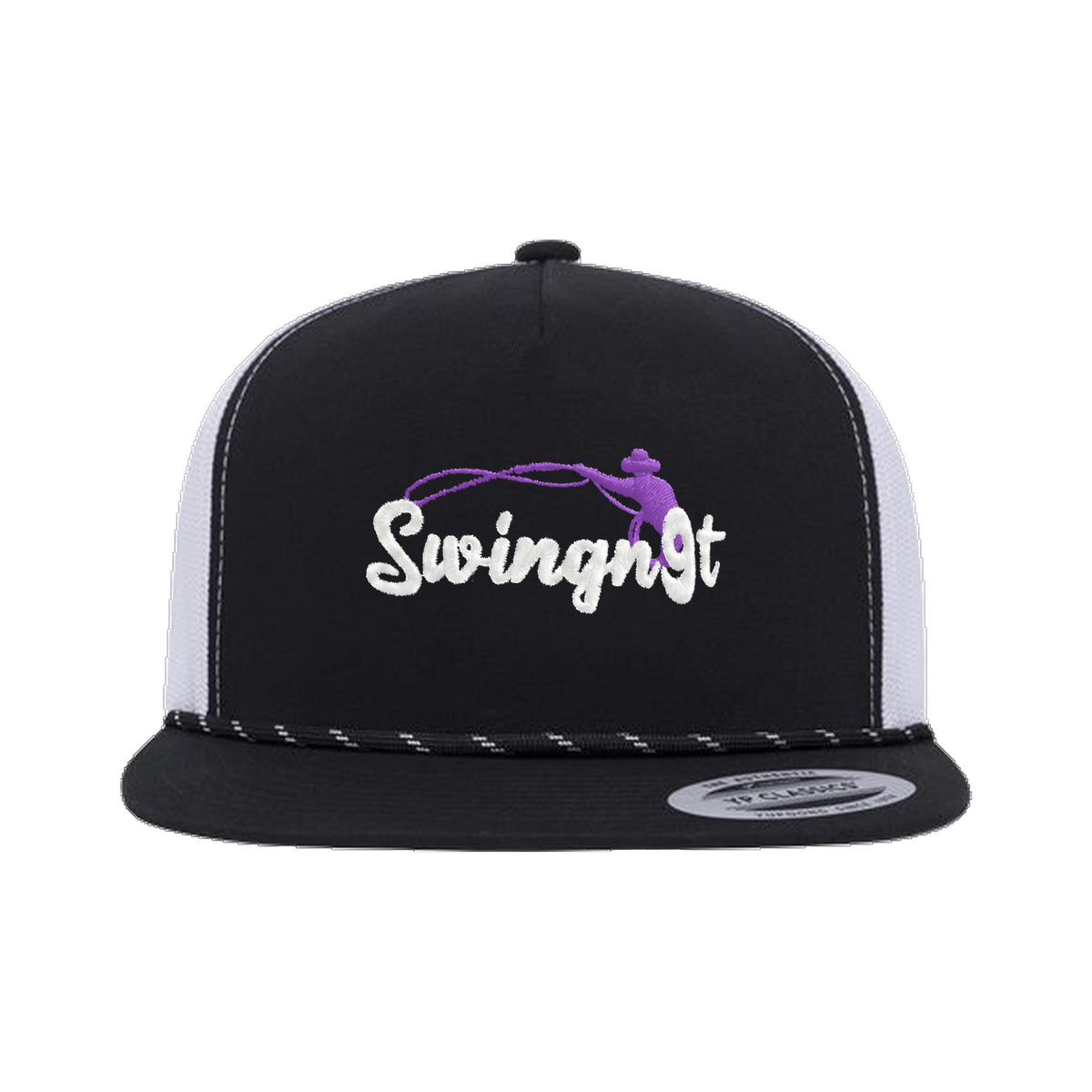 SwingN9T Roping Yupoong 6006BD Rope Hat / Black/White / White/Purple / angle on white