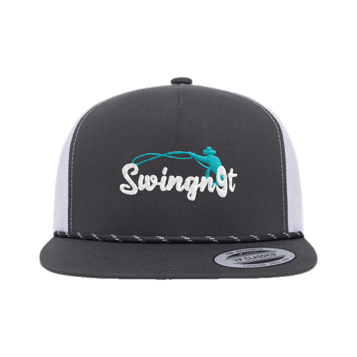 SwingN9T Roping Yupoong 6006BD Rope Hat / Charcoal/White / White/Teal / angle on white