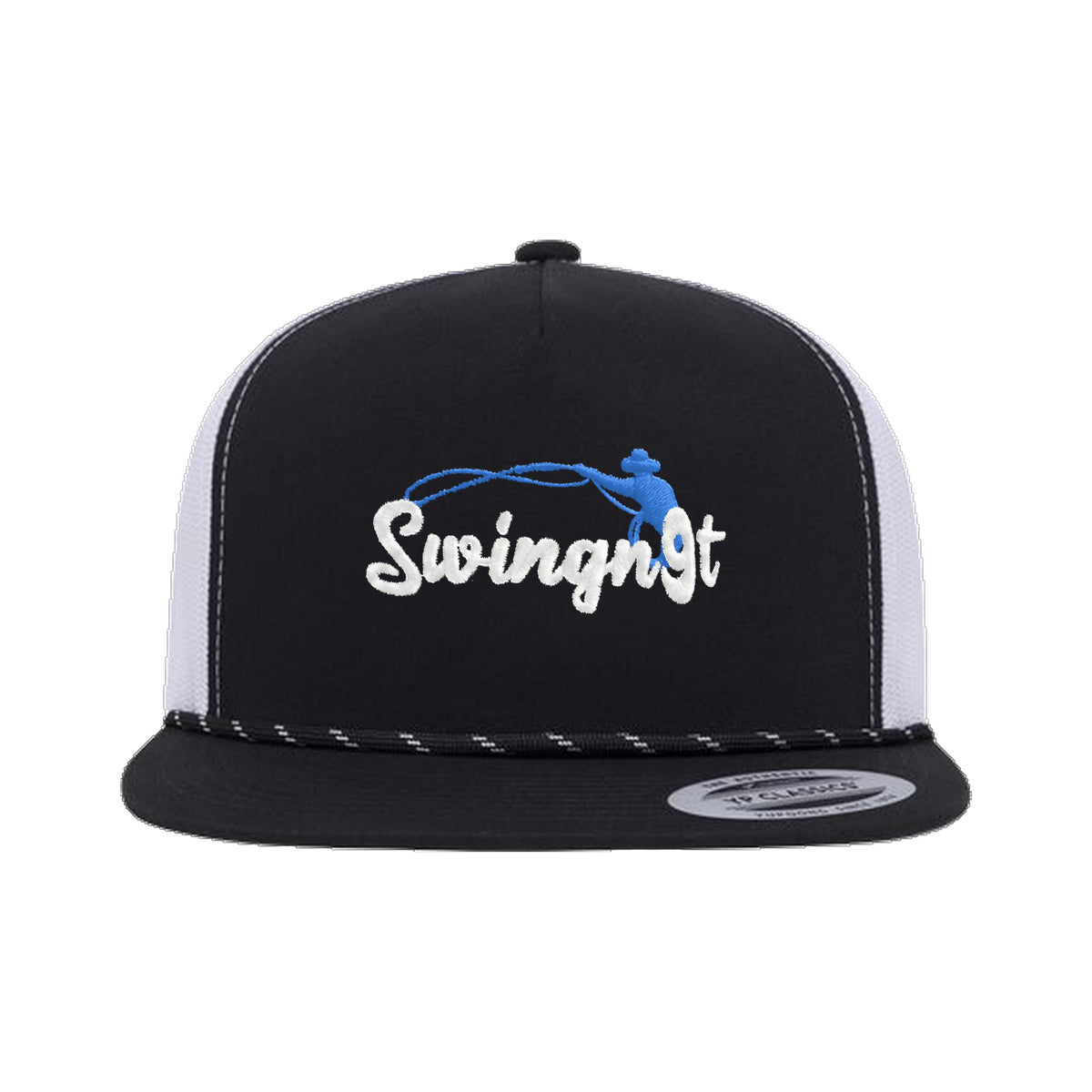 SwingN9T Roping Yupoong 6006BD Rope Hat / Black/White / White/Blue / angle on white