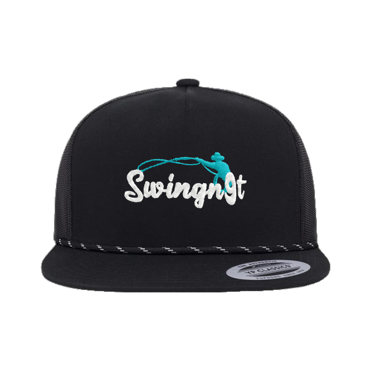 SwingN9T Roping Yupoong 6006BD Rope Hat / Black / White/Teal / angle on white