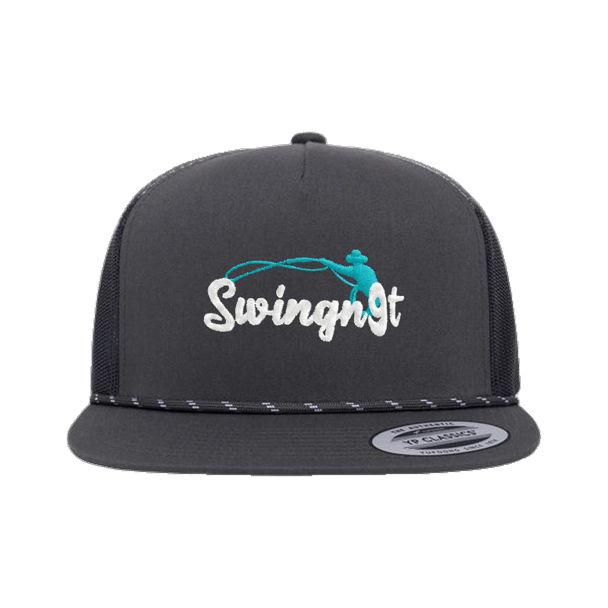 SwingN9T Roping Yupoong 6006BD Rope Hat / Charcoal / White/Teal / angle on white