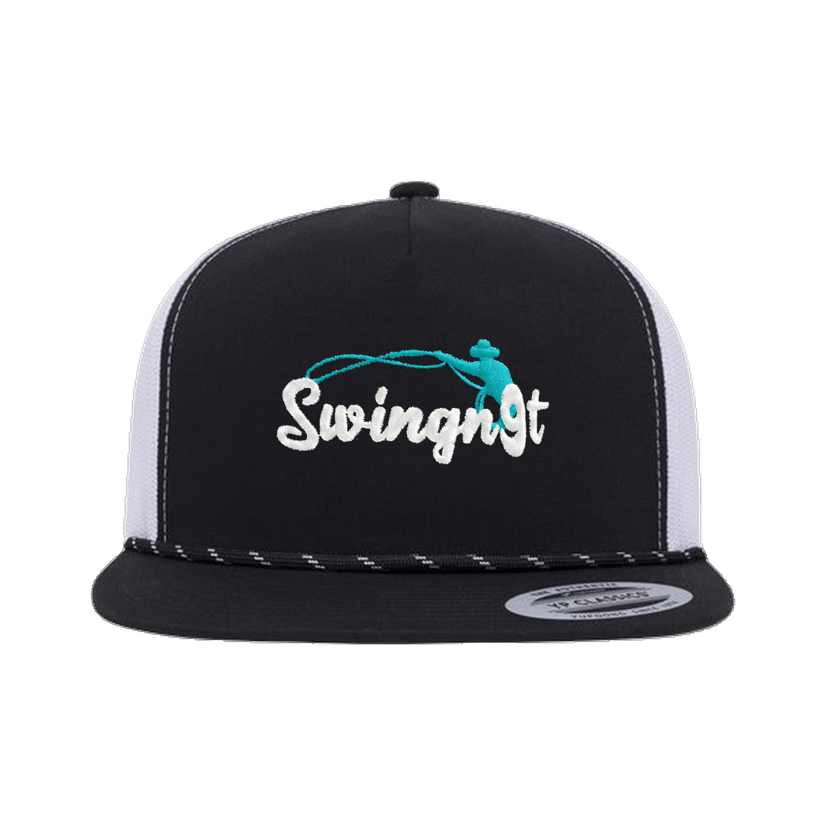 SwingN9T Roping Yupoong 6006BD Rope Hat / Black/White / White/Teal / angle on white