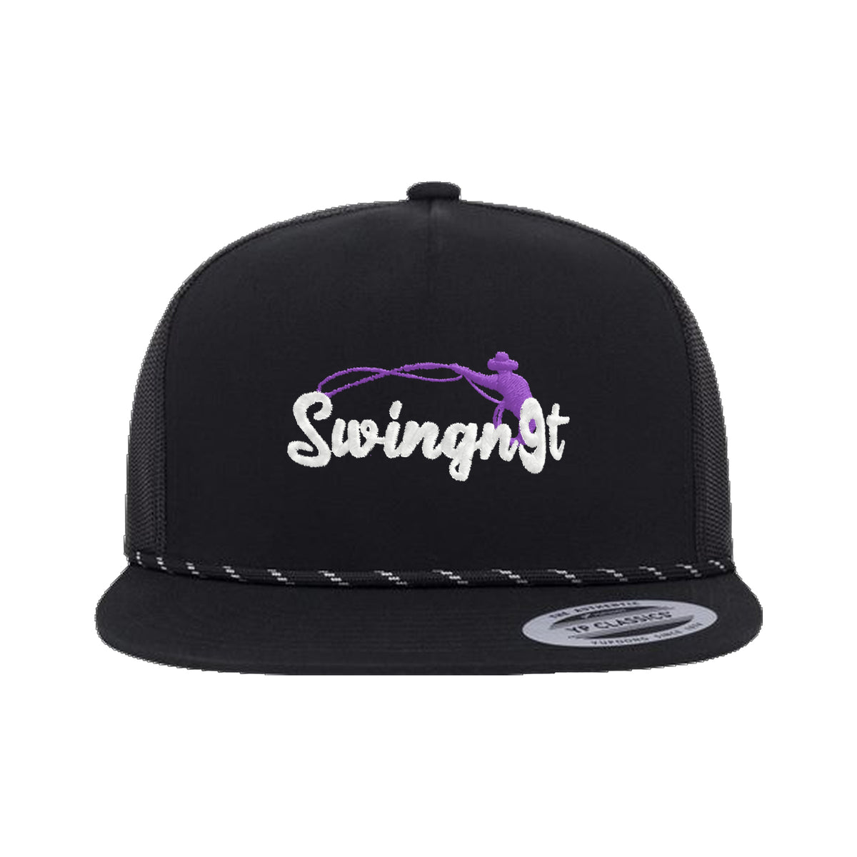 SwingN9T Roping Yupoong 6006BD Rope Hat / Black / White/Purple / angle on white