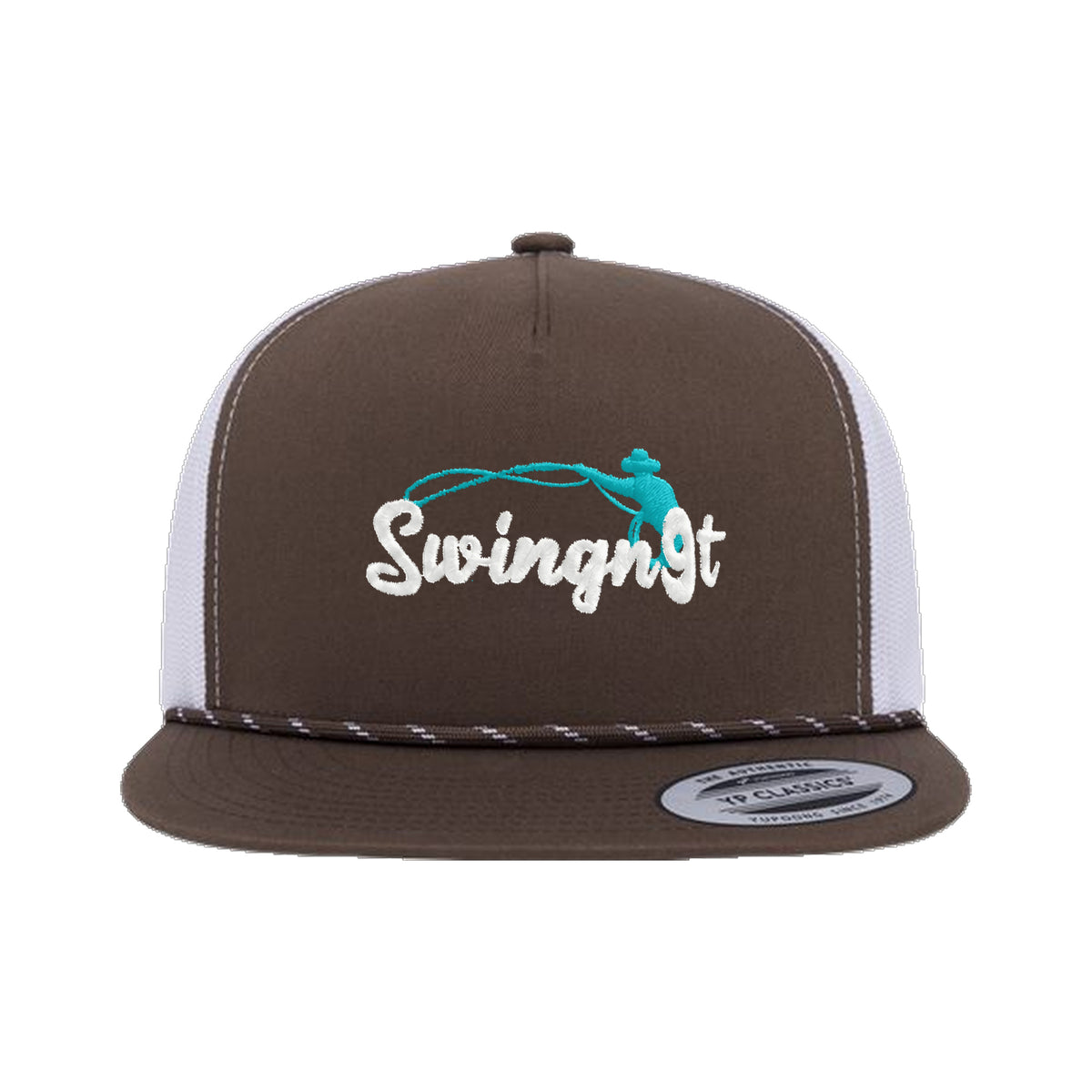 SwingN9T Roping Yupoong 6006BD Rope Hat / Brown/White / White/Teal / angle on white