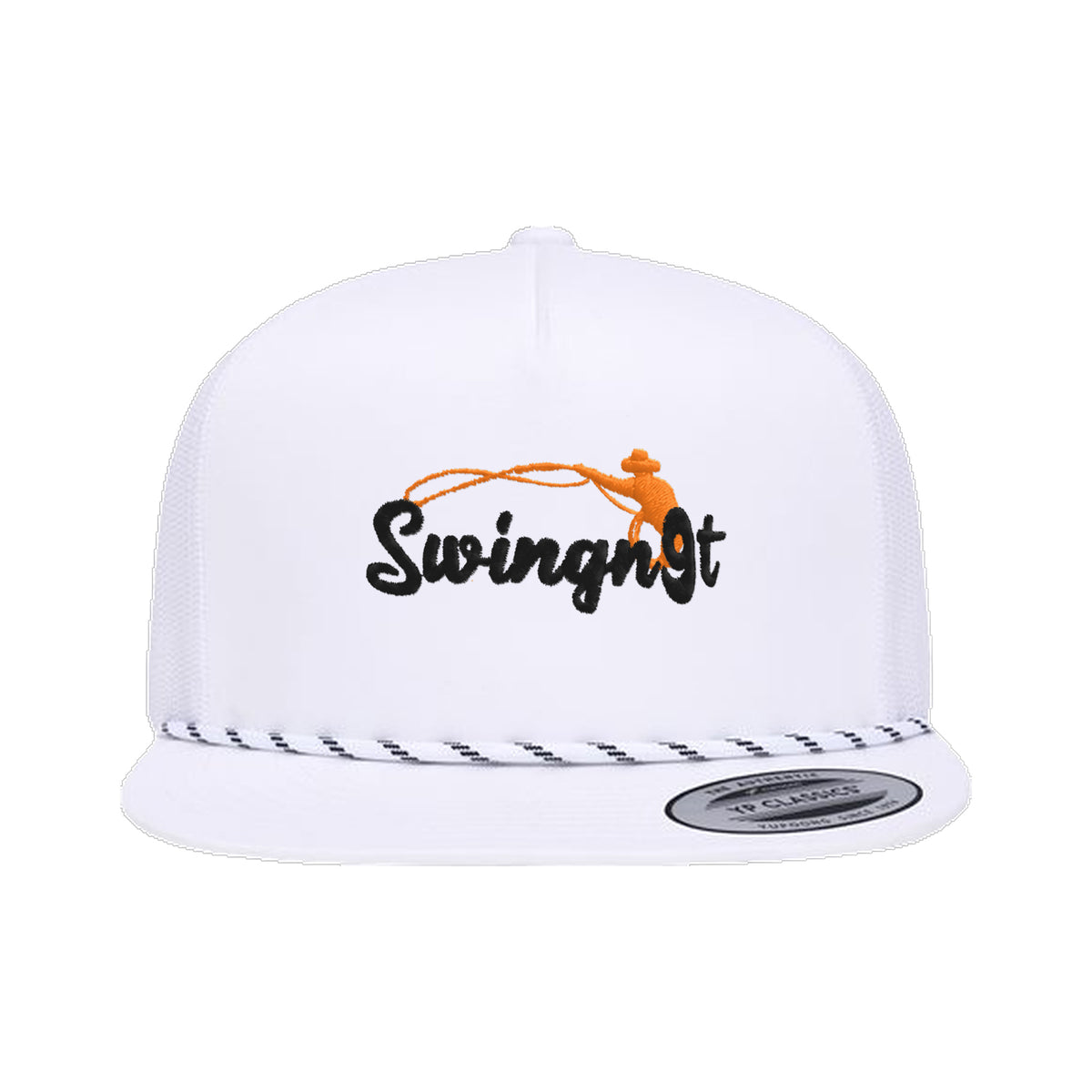 SwingN9T Roping Yupoong 6006BD Rope Hat / White / Black/Orange / angle on white