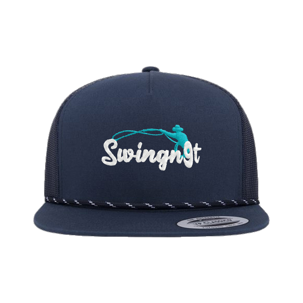 SwingN9T Roping Yupoong 6006BD Rope Hat / Navy / White/Teal / angle on white