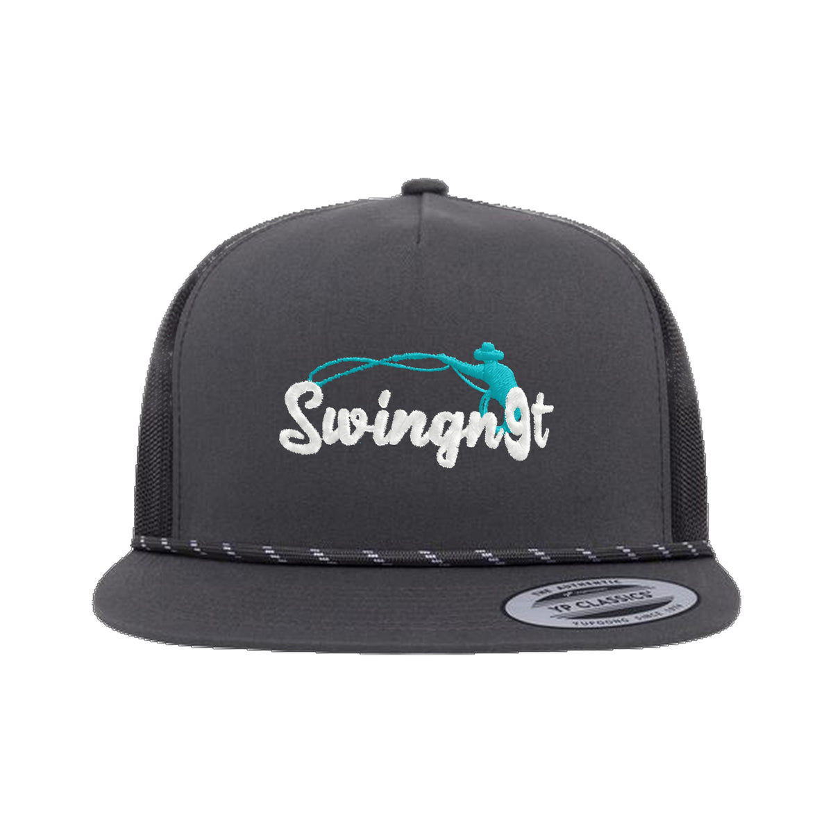 SwingN9T Roping Yupoong 6006BD Rope Hat / Charcoal/Black / White/Teal / angle on white