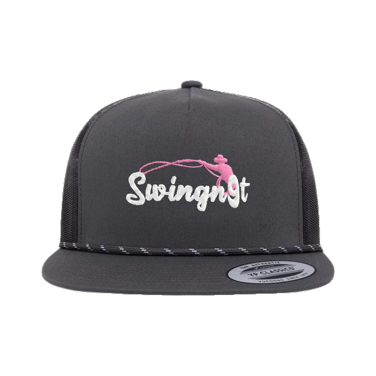 SwingN9T Roping Yupoong 6006BD Rope Hat / Charcoal/Black / White/Pink / angle on white
