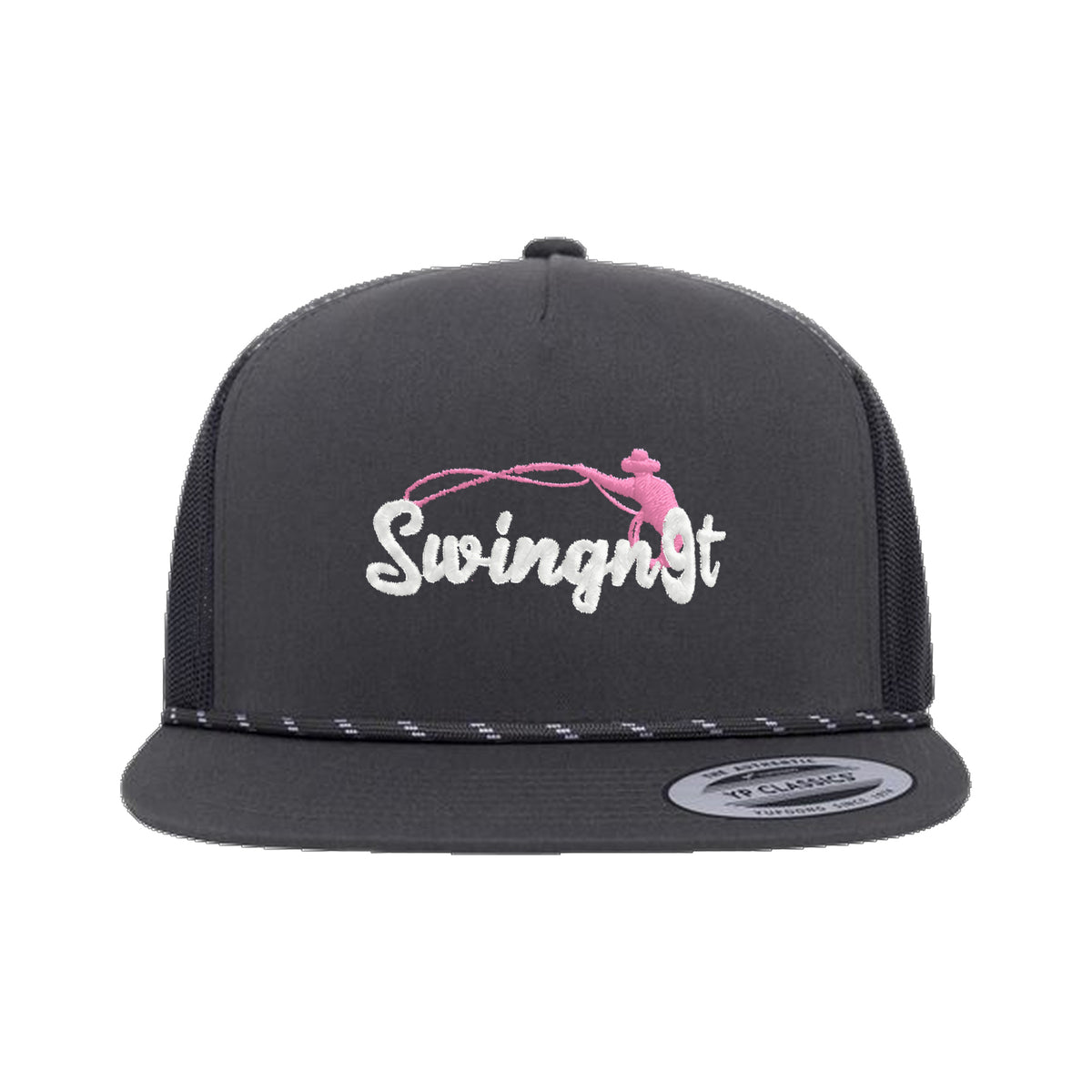 SwingN9T Roping Yupoong 6006BD Rope Hat / Charcoal / White/Pink / angle on white