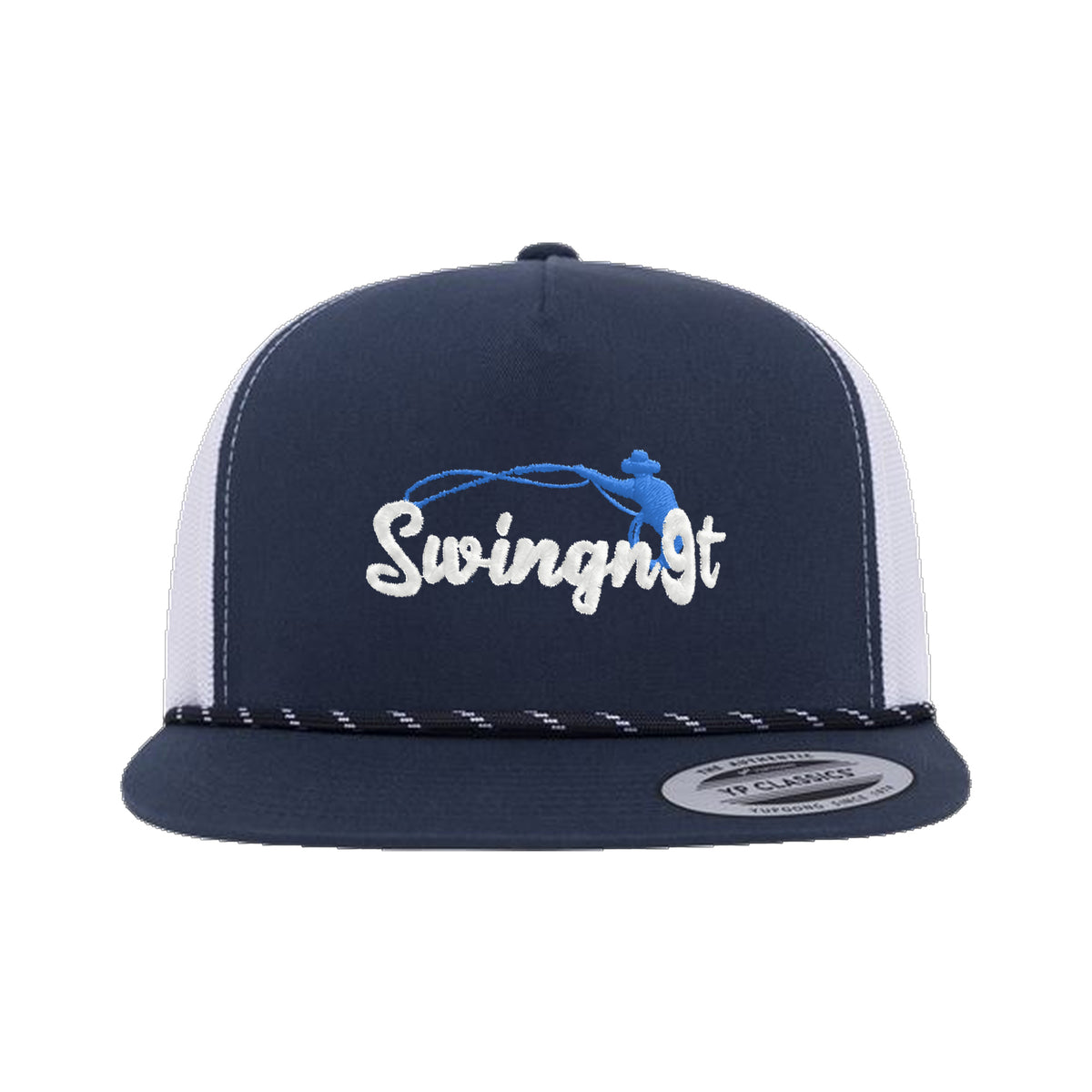 SwingN9T Roping Yupoong 6006BD Rope Hat / Navy/White / White/Blue / angle on white