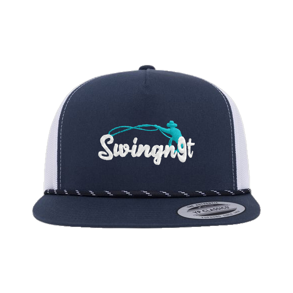 SwingN9T Roping Yupoong 6006BD Rope Hat / Navy/White / White/Teal / angle on white