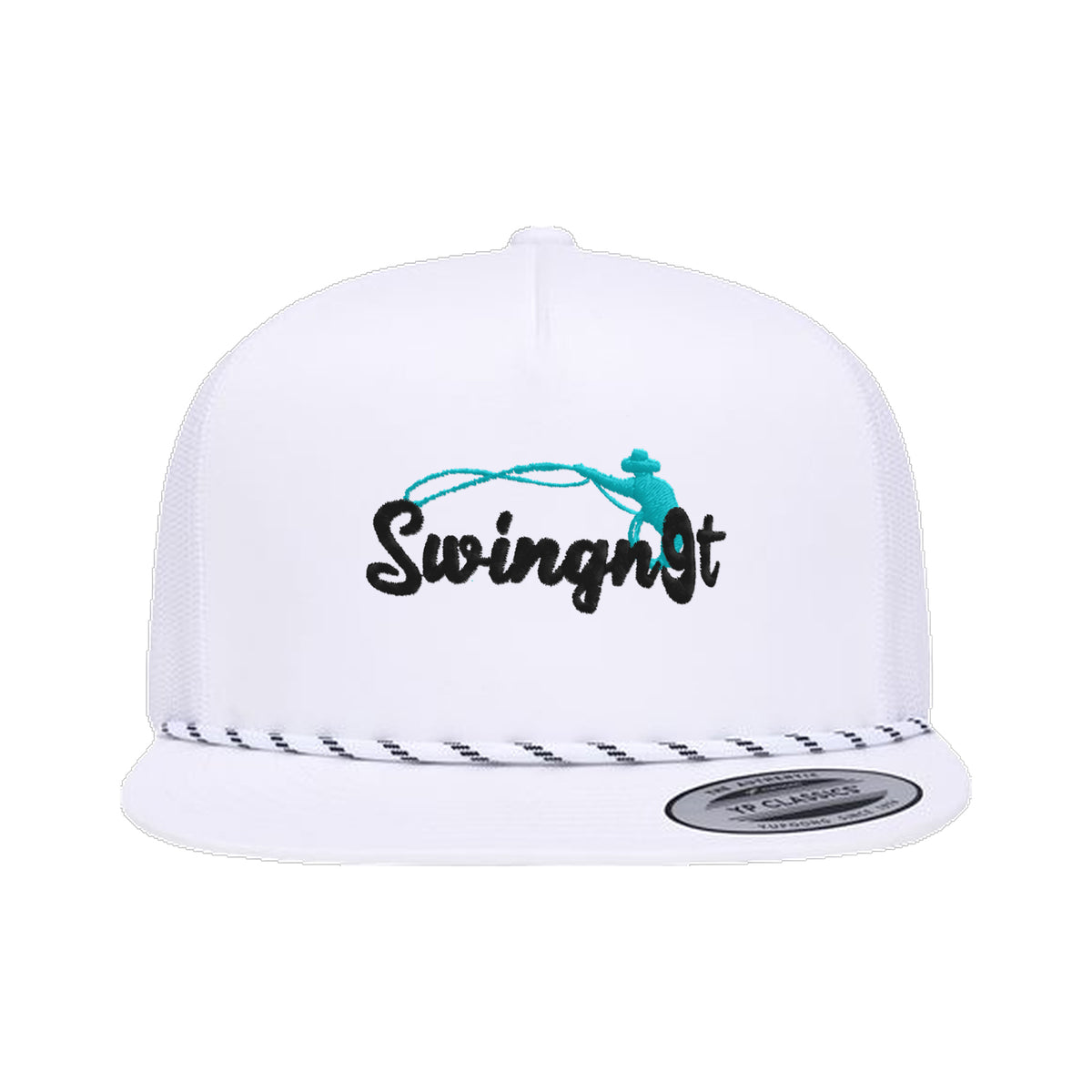 SwingN9T Roping Yupoong 6006BD Rope Hat / White / Black/Teal / angle on white