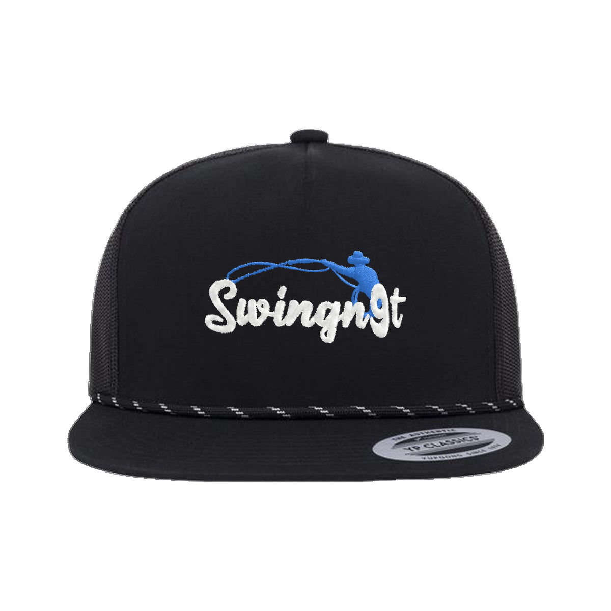 SwingN9T Roping Yupoong 6006BD Rope Hat / Black / White/Blue / angle on white