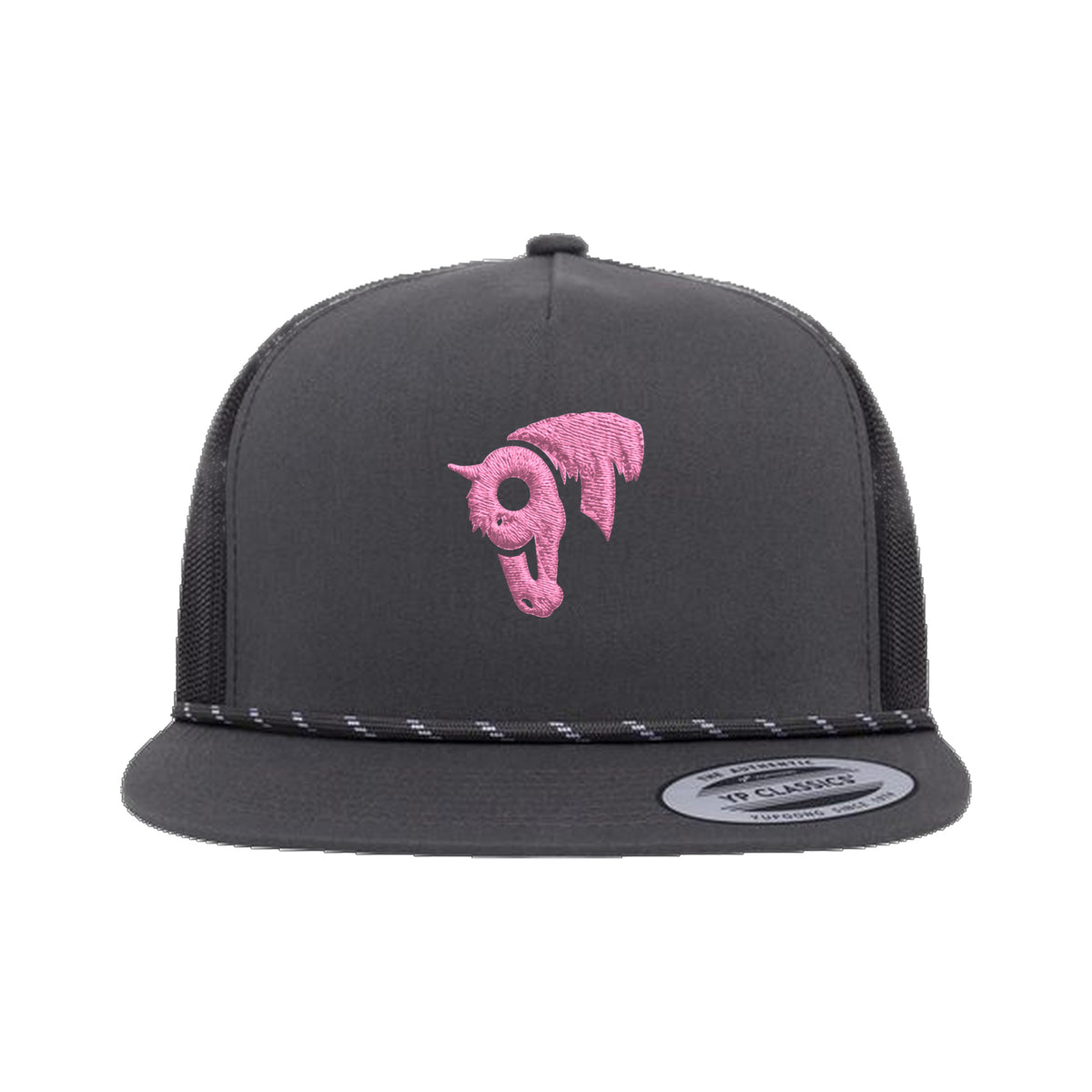 9T Horse Yupoong 6006BD Rope Hat / Charcoal/Black / Pink / angle on white