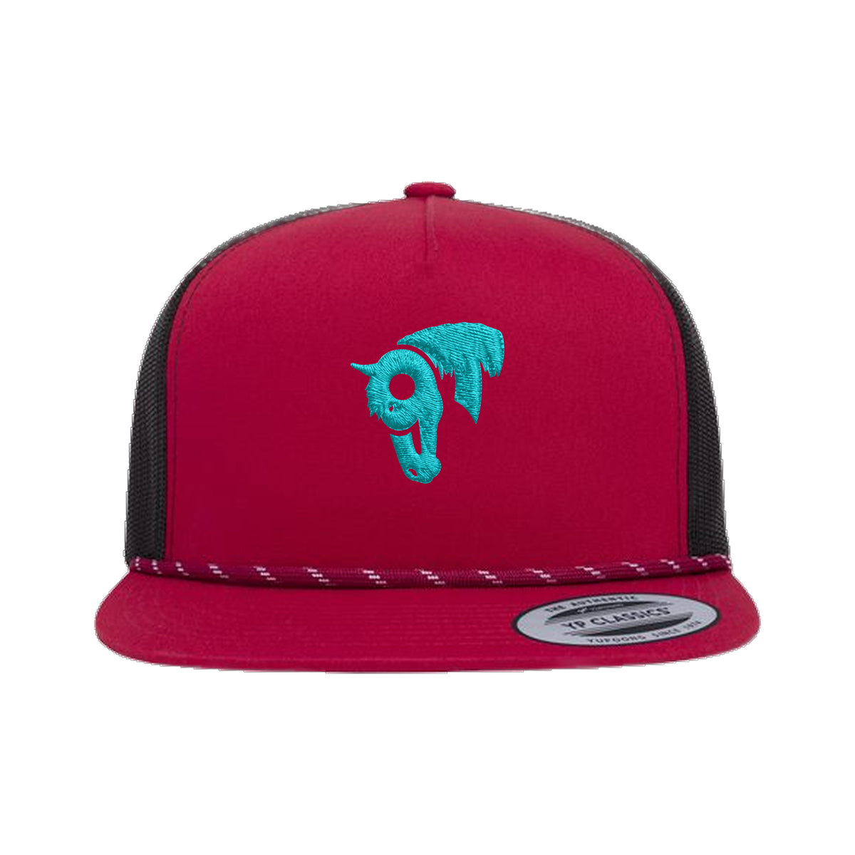 9T Horse Yupoong 6006BD Rope Hat / Red/Black / Teal / angle on white