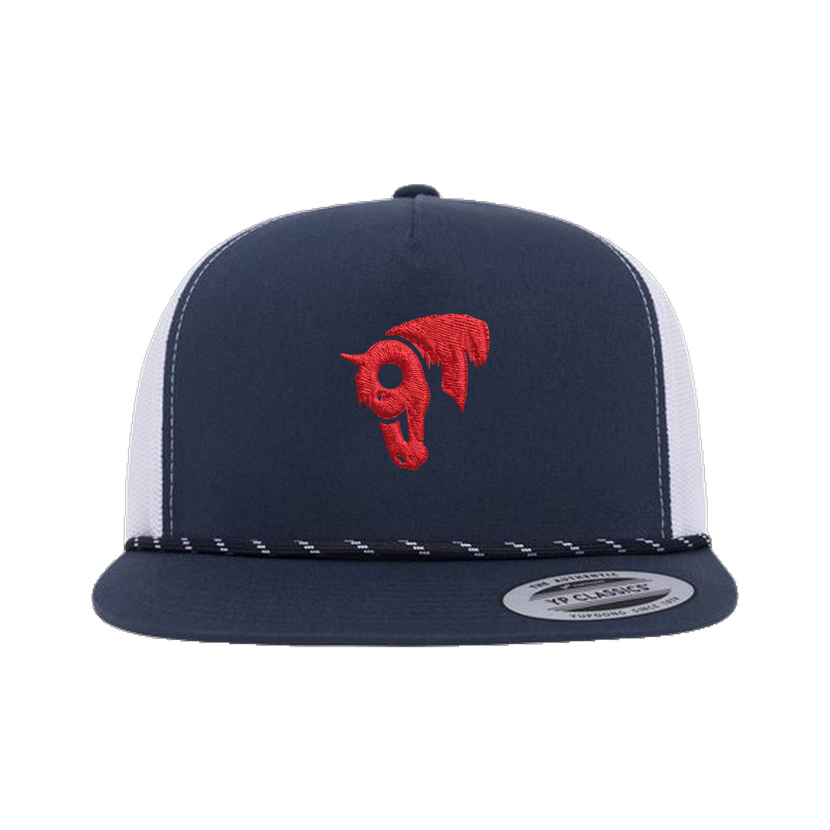 9T Horse Yupoong 6006BD Rope Hat / Navy/White / Red / angle on white
