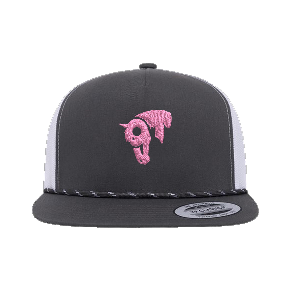 9T Horse Yupoong 6006BD Rope Hat / Charcoal/White / Pink / angle on white