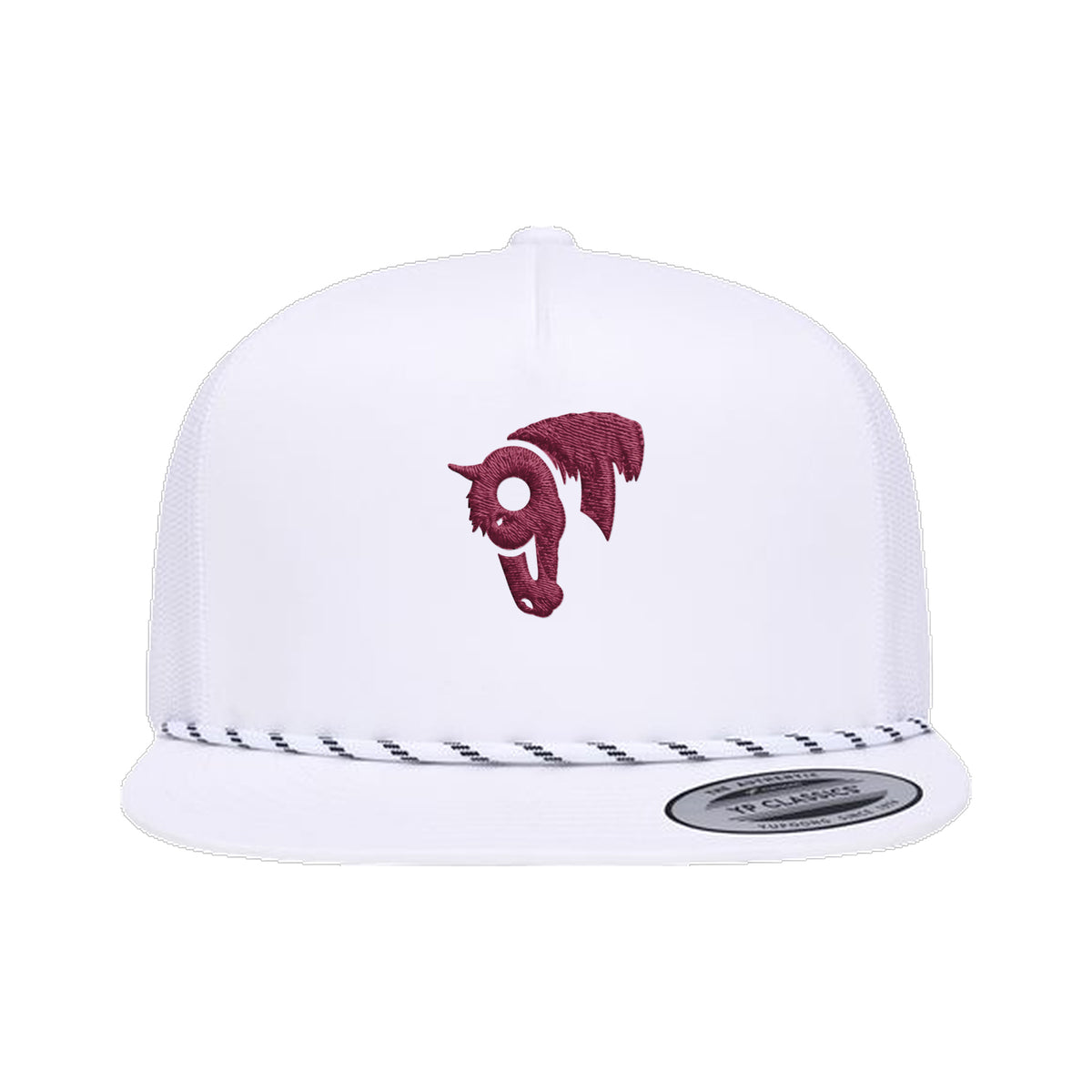 9T Horse Yupoong 6006BD Rope Hat / White / Maroon / angle on white