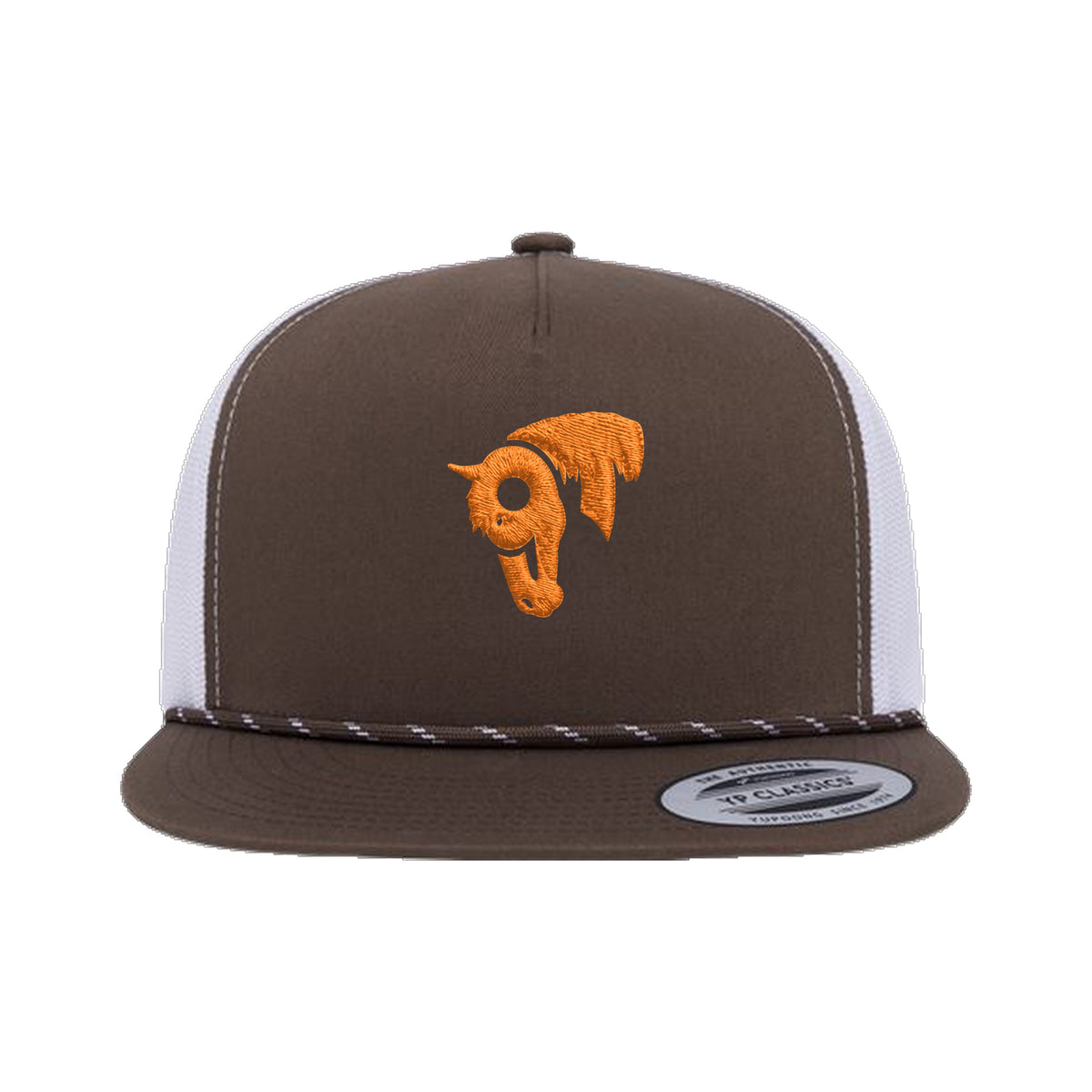 9T Horse Yupoong 6006BD Rope Hat / Brown/White / Orange / angle on white