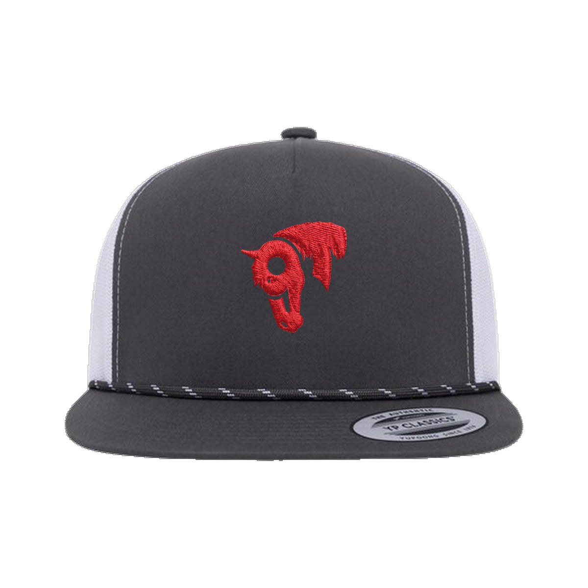 9T Horse Yupoong 6006BD Rope Hat / Charcoal/White / Red / angle on white
