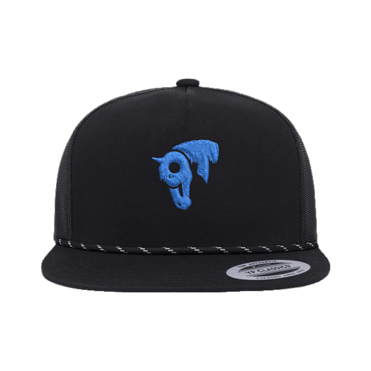 9T Horse Yupoong 6006BD Rope Hat / Black / Blue / angle on white