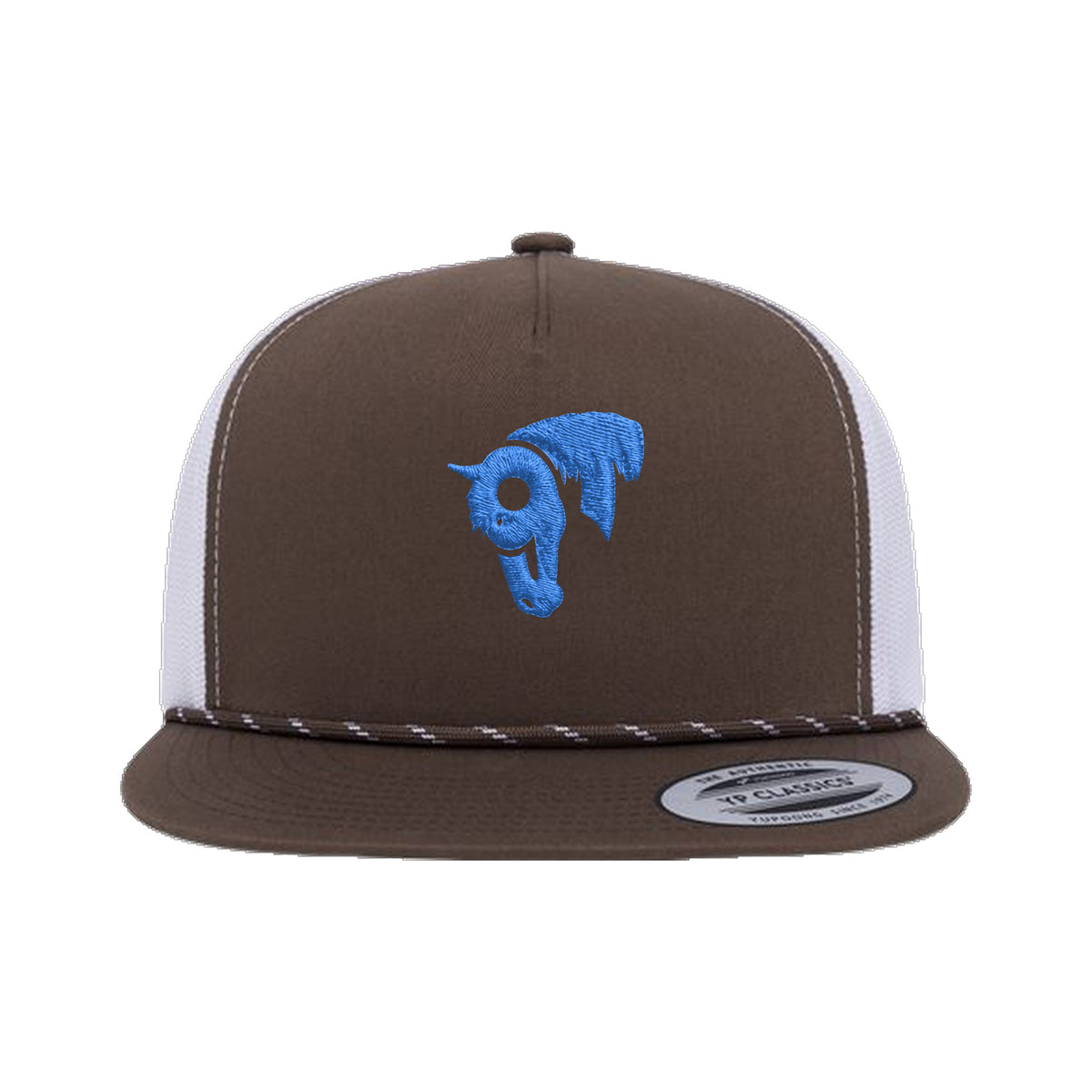 9T Horse Yupoong 6006BD Rope Hat / Brown/White / Blue / angle on white