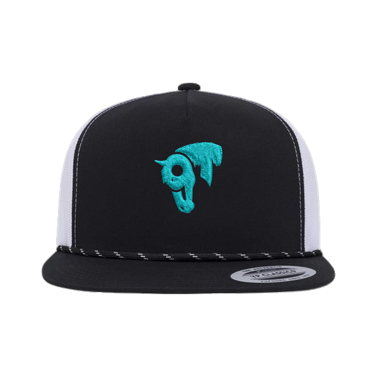 9T Horse Yupoong 6006BD Rope Hat / Black/White / Teal / angle on white