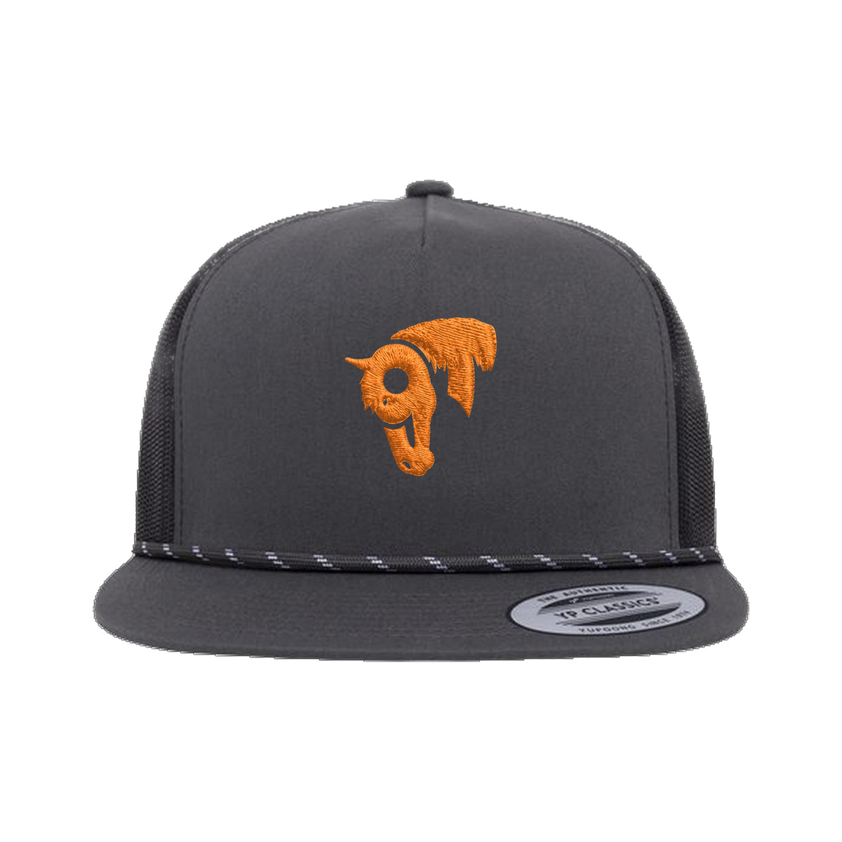 9T Horse Yupoong 6006BD Rope Hat / Charcoal/Black / Orange / angle on white