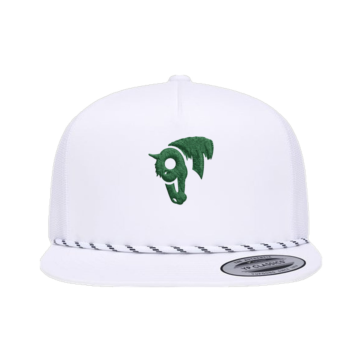 9T Horse Yupoong 6006BD Rope Hat / White / Dark Green / angle on white