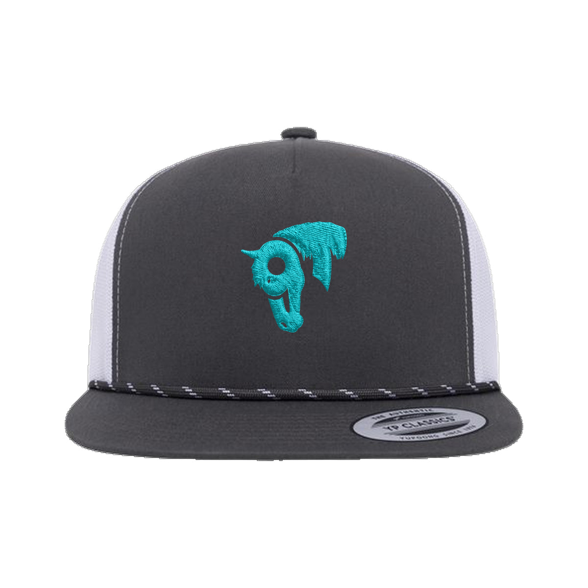 9T Horse Yupoong 6006BD Rope Hat / Charcoal/White / Teal / angle on white