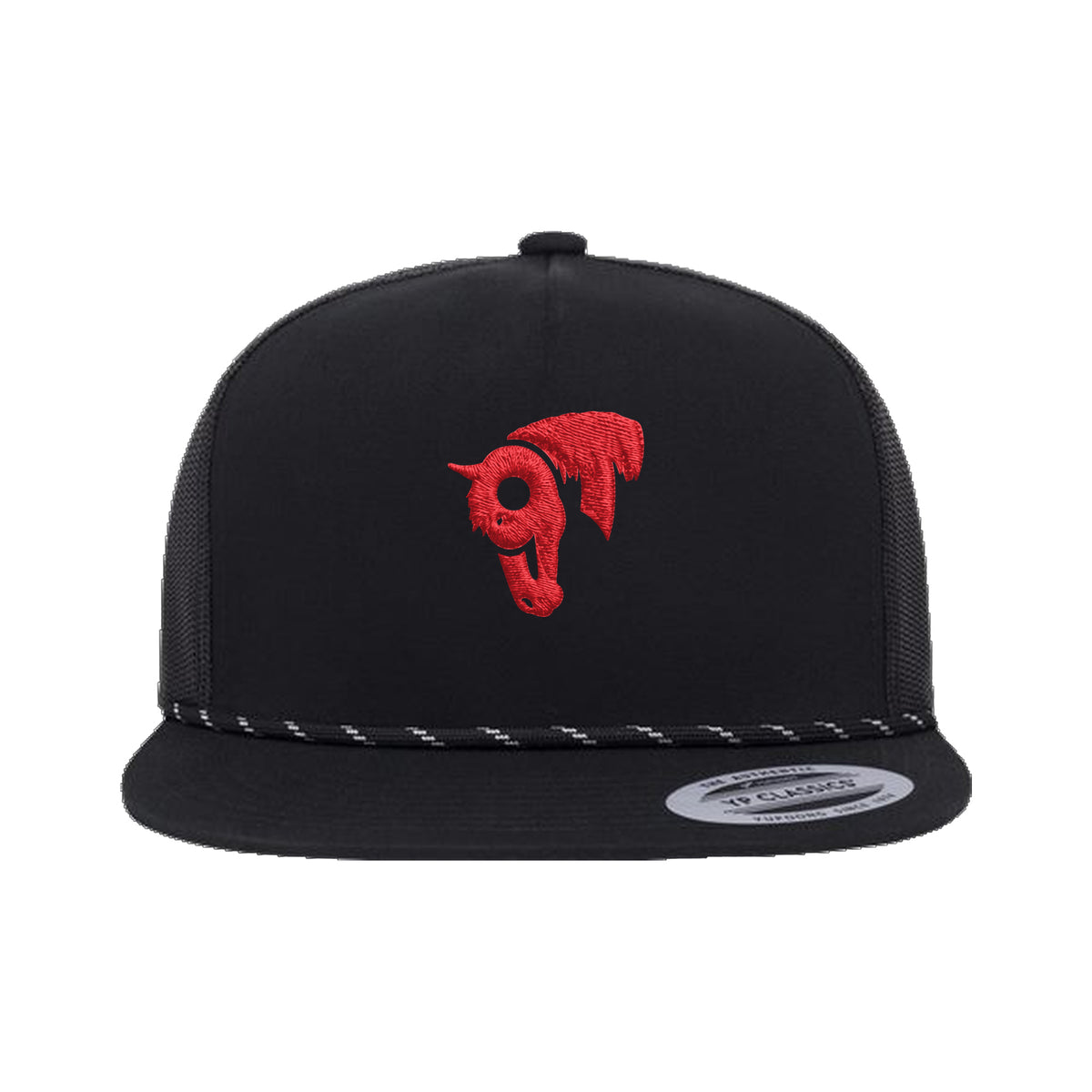9T Horse Yupoong 6006BD Rope Hat / Black / Red / angle on white