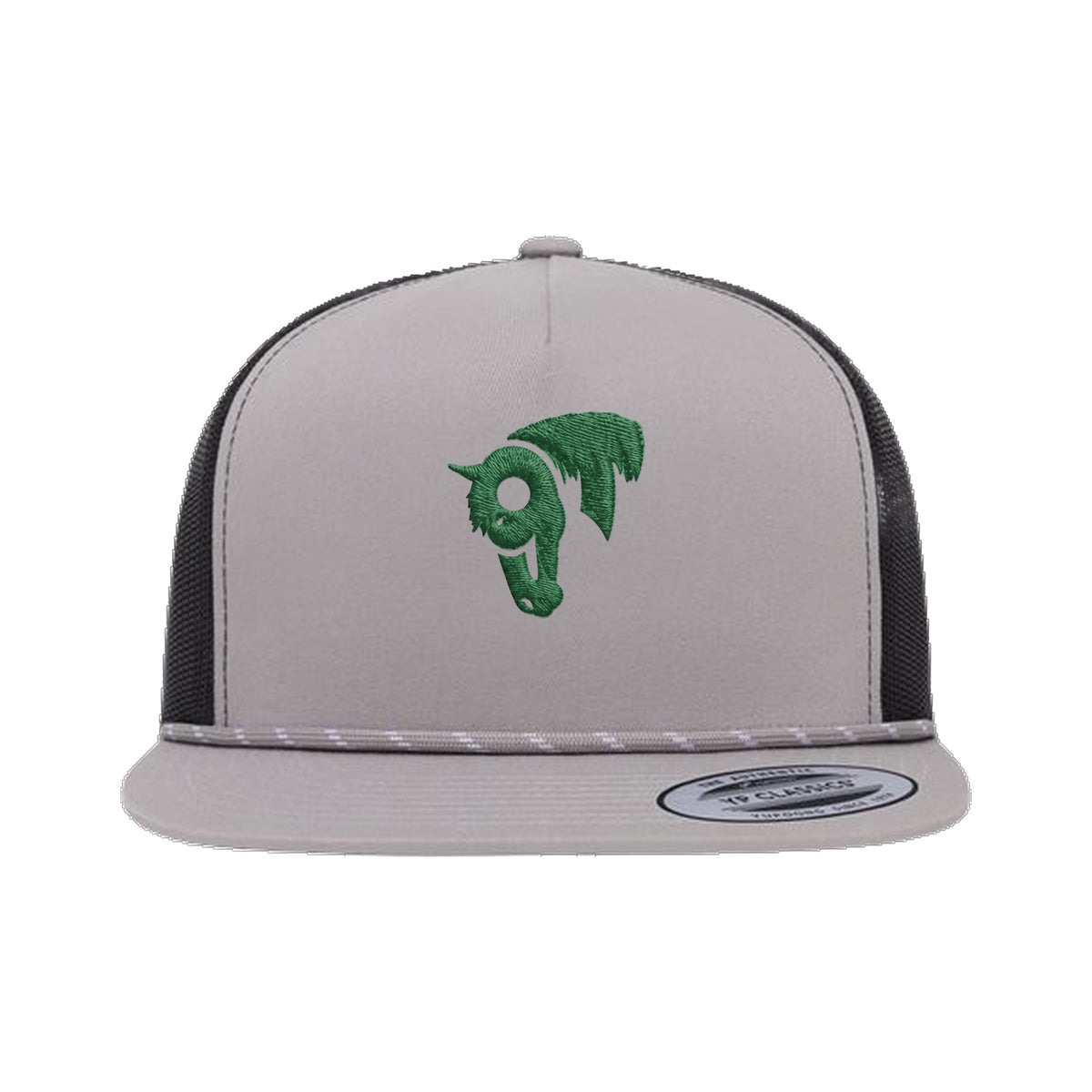 9T Horse Yupoong 6006BD Rope Hat / Silver/Black / Dark Green / angle on white