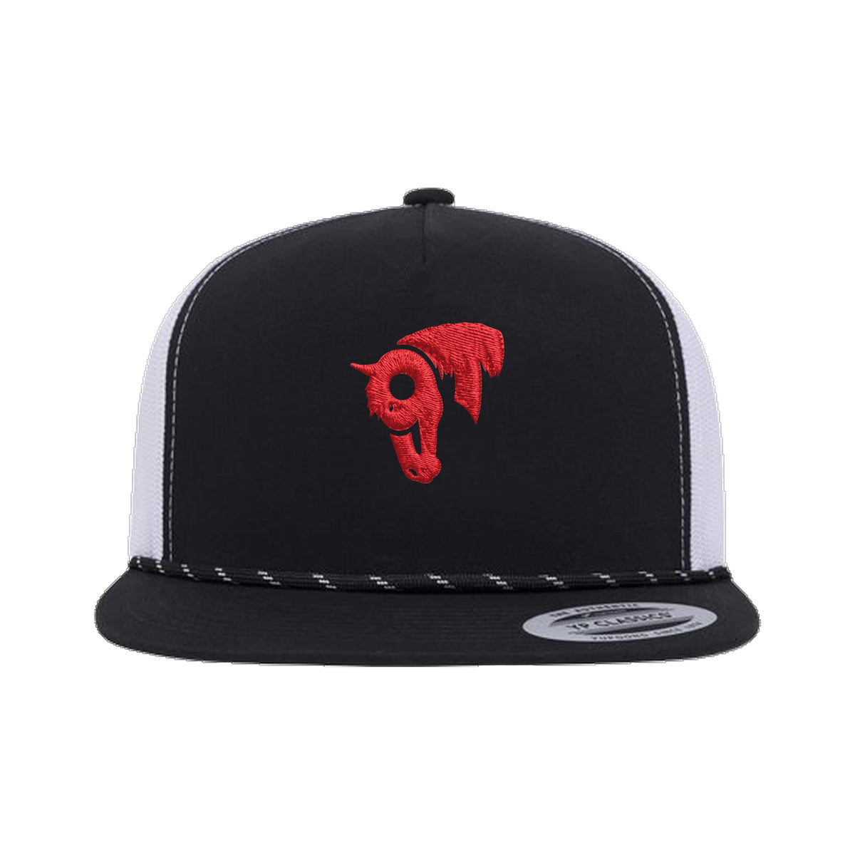 9T Horse Yupoong 6006BD Rope Hat / Black/White / Red / angle on white