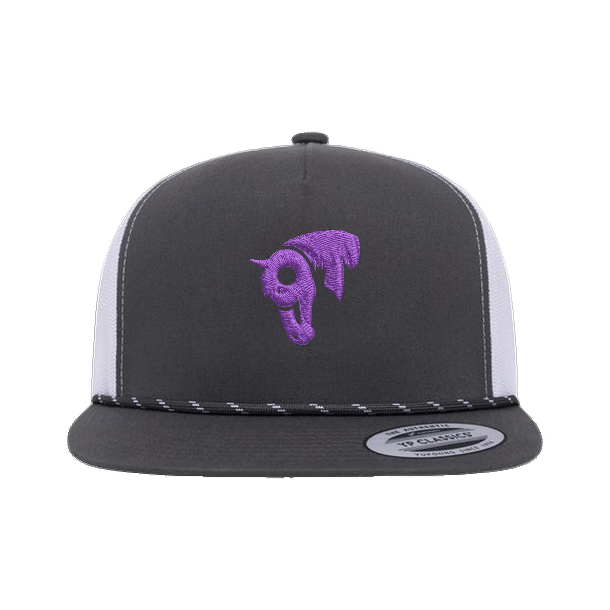9T Horse Yupoong 6006BD Rope Hat / Charcoal/White / Purple / angle on white