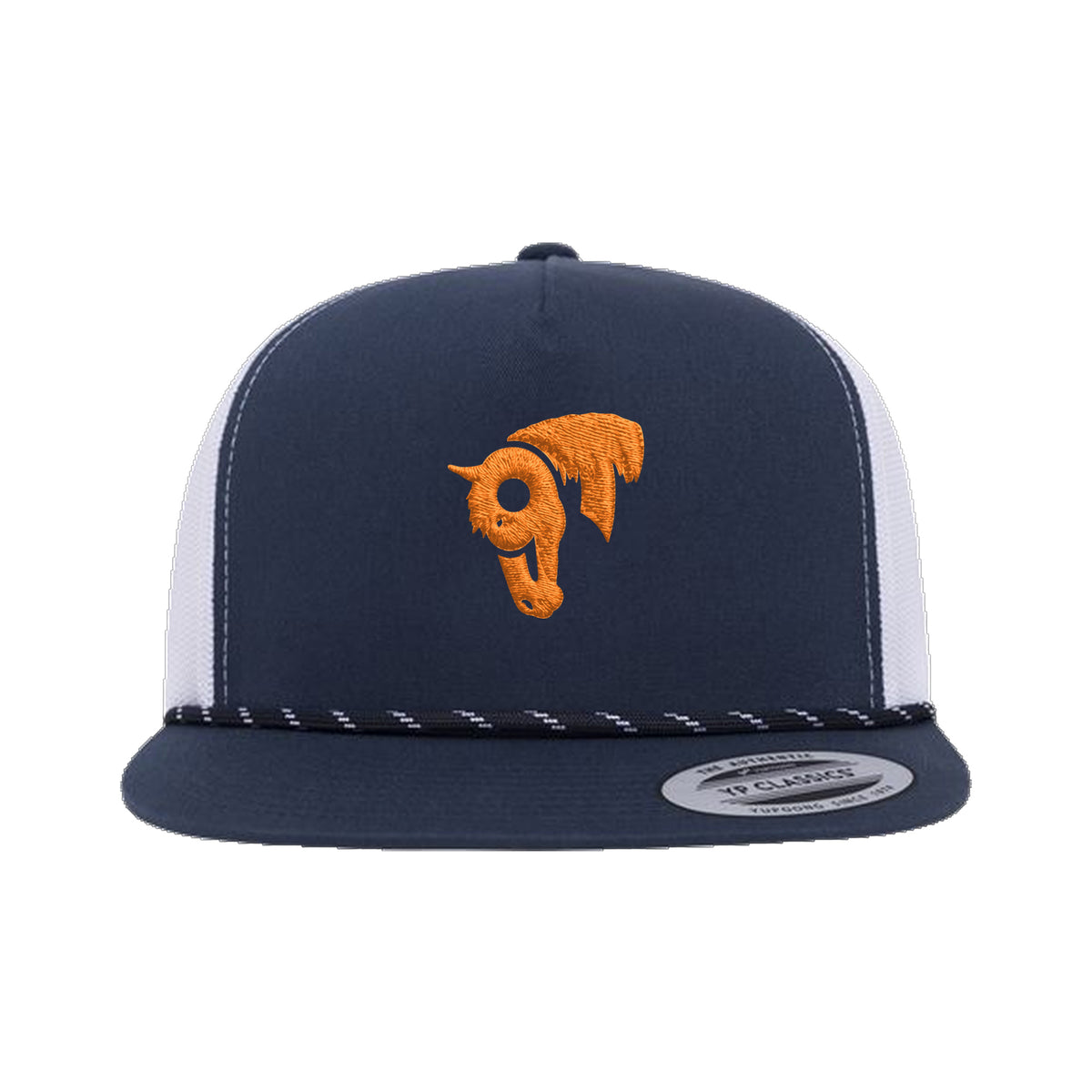 9T Horse Yupoong 6006BD Rope Hat / Navy/White / Orange / angle on white