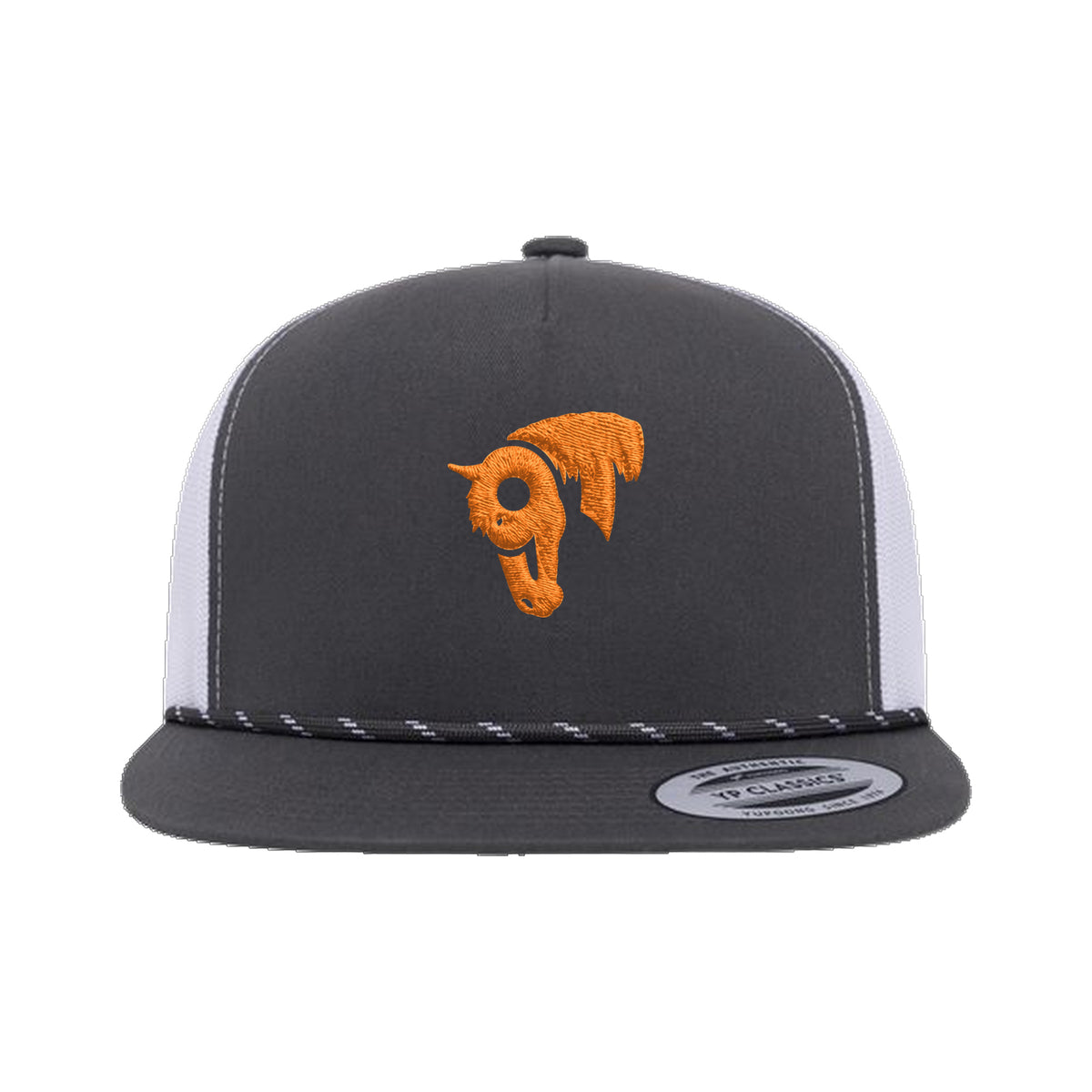 9T Horse Yupoong 6006BD Rope Hat / Charcoal/White / Orange / angle on white