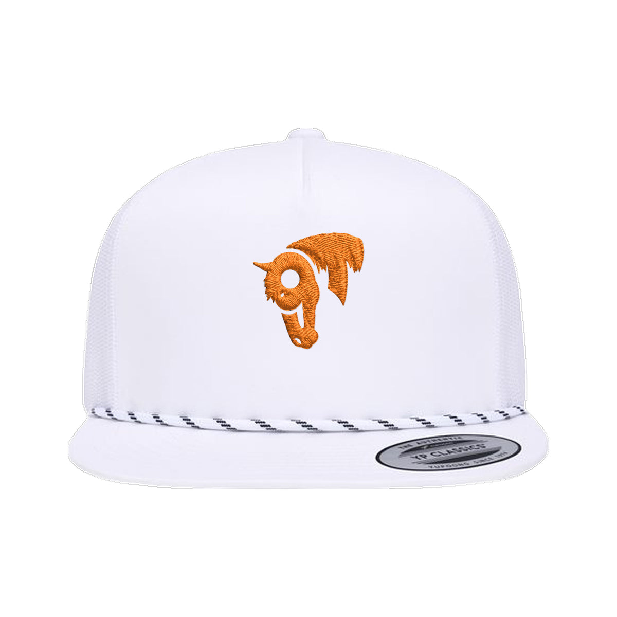 9T Horse Yupoong 6006BD Rope Hat / White / Orange / angle on white