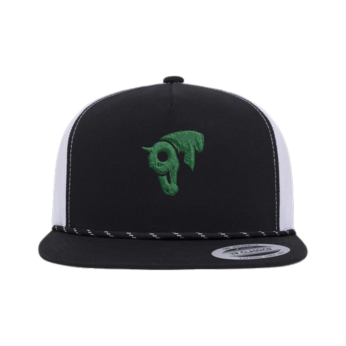 9T Horse Yupoong 6006BD Rope Hat / Black/White / Dark Green / angle on white