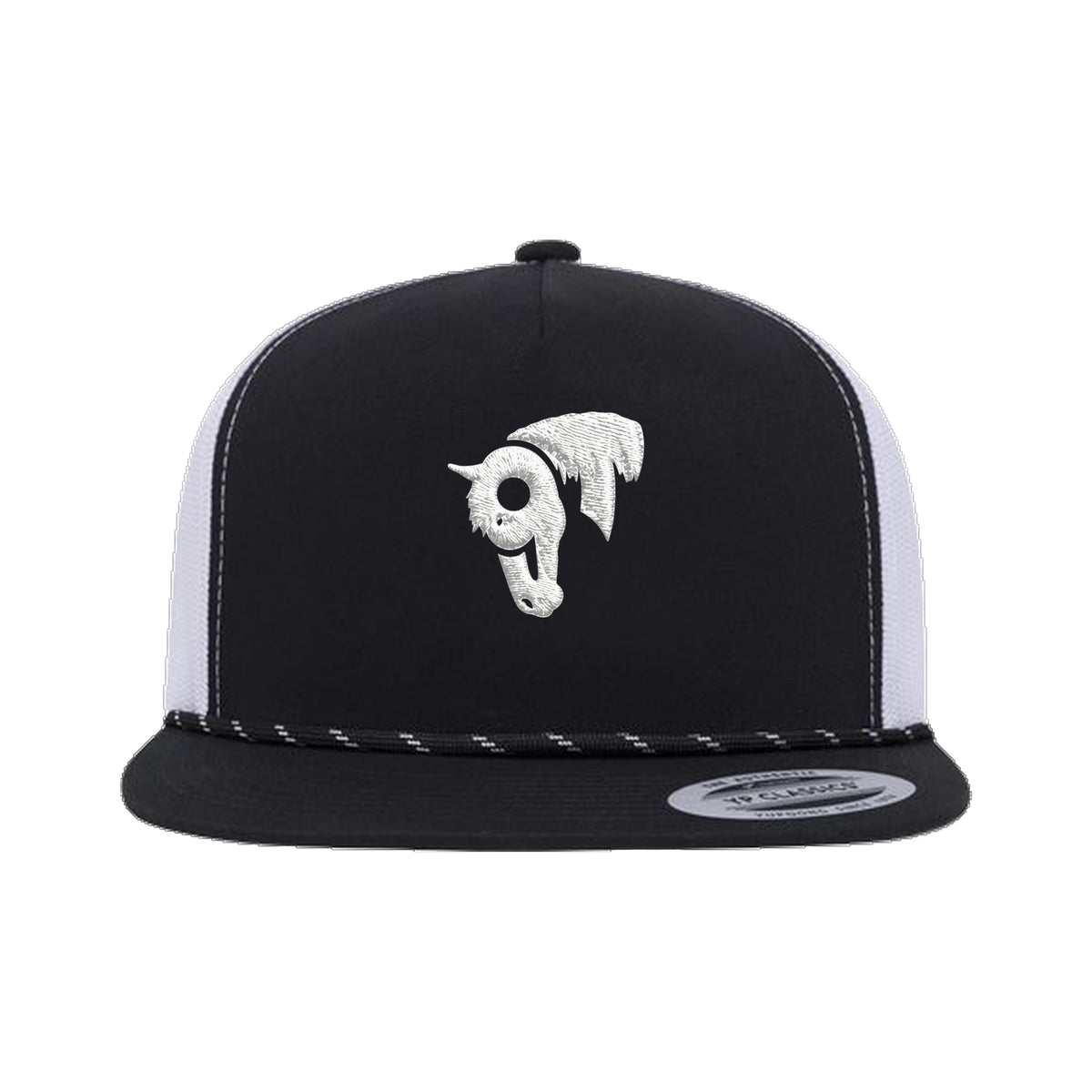 9T Horse Yupoong 6006BD Rope Hat / Black/White / White / angle on white